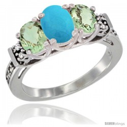 14K White Gold Natural Turquoise & Green Amethyst Ring 3-Stone Oval with Diamond Accent