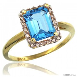 10k Yellow Gold Diamond Swiss Blue Topaz Ring 1.6 ct Emerald Shape 8x6 mm, 1/2 in wide