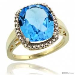 10k Yellow Gold Diamond Swiss Blue Topaz Ring 5.17 ct Checkerboard Cut Cushion 12x10 mm, 1/2 in wide