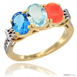 10K Yellow Gold Natural Swiss Blue Topaz, Aquamarine & Coral Ring 3-Stone Oval 7x5 mm Diamond Accent