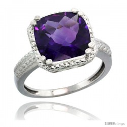 Sterling Silver Diamond Natural Amethyst Ring 5.94 ct Checkerboard Cushion 11 mm Stone 1/2 in wide