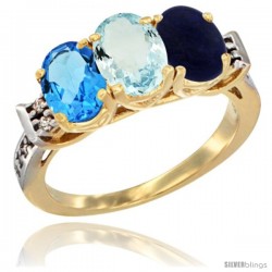 10K Yellow Gold Natural Swiss Blue Topaz, Aquamarine & Lapis Ring 3-Stone Oval 7x5 mm Diamond Accent