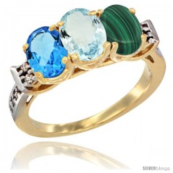 10K Yellow Gold Natural Swiss Blue Topaz, Aquamarine & Malachite Ring 3-Stone Oval 7x5 mm Diamond Accent