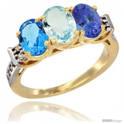 10K Yellow Gold Natural Swiss Blue Topaz, Aquamarine & Tanzanite Ring 3-Stone Oval 7x5 mm Diamond Accent