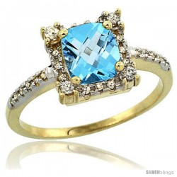 10k Yellow Gold Diamond Halo Swiss Blue Topaz Ring 1.2 ct Checkerboard Cut Cushion 6 mm, 11/32 in wide