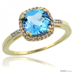 10k Yellow Gold Diamond Swiss Blue Topaz Ring 1.5 ct Checkerboard Cut Cushion Shape 7 mm, 3/8 in wide