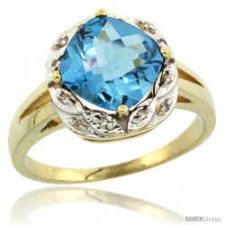 10k Yellow Gold Diamond Halo Swiss Blue Topaz Ring 2.7 ct Checkerboard Cut Cushion Shape 8 mm, 1/2 in wide