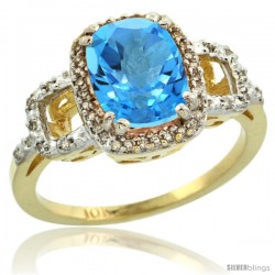 10k Yellow Gold Diamond Swiss Blue Topaz Ring 2 ct Checkerboard Cut Cushion Shape 9x7 mm, 1/2 in wide