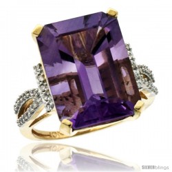 14k Yellow Gold Diamond Amethyst Ring 12 ct Emerald Shape 16x12 Stone 3/4 in wide