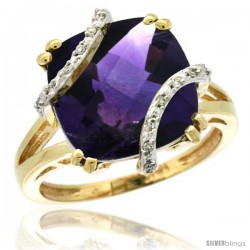 14k Yellow Gold Diamond Amethyst Ring 7.5 ct Cushion Cut 12 mm Stone, 1/2 in wide