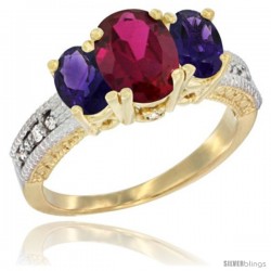 14k Yellow Gold Ladies Oval Natural Ruby 3-Stone Ring with Amethyst Sides Diamond Accent