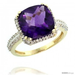 14k Yellow Gold Diamond Halo Amethyst Ring Checkerboard Cushion 11 mm 5.85 ct 1/2 in wide