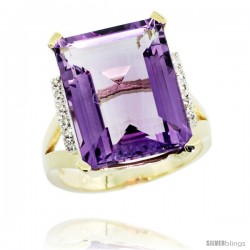 14k Yellow Gold Diamond Amethyst Ring 12 ct Emerald Cut 16x12 stone 3/4 in wide