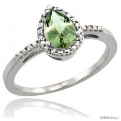 Sterling Silver Diamond Natural Green Amethyst Ring Ring 0.59 ct Tear Drop 7x5 Stone 3/8 in wide