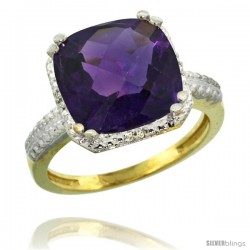 14k Yellow Gold Diamond Amethyst Ring 5.94 ct Checkerboard Cushion 11 mm Stone 1/2 in wide