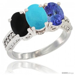 10K White Gold Natural Black Onyx, Turquoise & Tanzanite Ring 3-Stone Oval 7x5 mm Diamond Accent