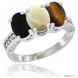 10K White Gold Natural Black Onyx, Opal & Tiger Eye Ring 3-Stone Oval 7x5 mm Diamond Accent