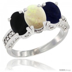 10K White Gold Natural Black Onyx, Opal & Lapis Ring 3-Stone Oval 7x5 mm Diamond Accent