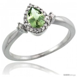 Sterling Silver Diamond Natural Green Amethyst Ring Ring 0.33 ct Tear Drop 6x4 Stone 3/8 in wide