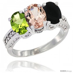 14K White Gold Natural Peridot, Morganite & Black Onyx Ring 3-Stone Oval 7x5 mm Diamond Accent