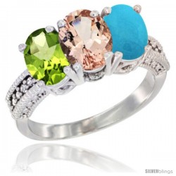 14K White Gold Natural Peridot, Morganite & Turquoise Ring 3-Stone Oval 7x5 mm Diamond Accent