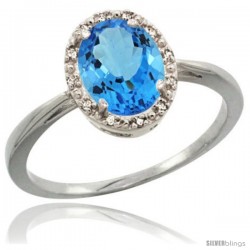 Sterling Silver Natural Swiss Blue Topaz Diamond Halo Ring 1.17 Carat 8X6 mm Oval Shape, 1/2 in wide