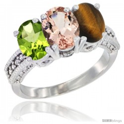 14K White Gold Natural Peridot, Morganite & Tiger Eye Ring 3-Stone Oval 7x5 mm Diamond Accent