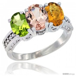 14K White Gold Natural Peridot, Morganite & Whisky Quartz Ring 3-Stone Oval 7x5 mm Diamond Accent