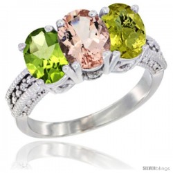 14K White Gold Natural Peridot, Morganite & Lemon Quartz Ring 3-Stone Oval 7x5 mm Diamond Accent