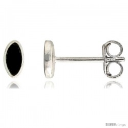 Sterling Silver Tiny Obsidian Stone Stud Earrings Navette Shape, 3/16 in