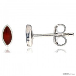 Sterling Silver Tiny Carnelian Stone Stud Earrings Navette Shape, 3/16 in