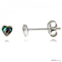 Sterling Silver Tiny Abalone Shell Stud Earrings Heart Shape, 5/32 in