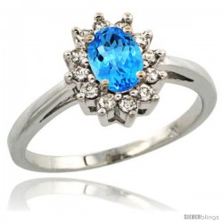 Sterling Silver Natural Swiss Blue Topaz Diamond Halo Ring Oval Shape 1.2 Carat 6X4 mm, 1/2 in wide