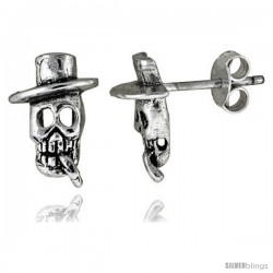 Tiny Sterling Silver Skull w/ Top Hat & Cigar Stud Earrings 7/16 in