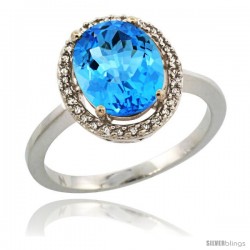 Sterling Silver Diamond Halo Natural Swiss Blue Topaz Ring 2.4 carat Oval shape 10X8 mm, 1/2 in (12.5mm) wide