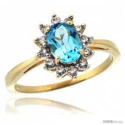 10k Yellow Gold Diamond Halo Swiss Blue Topaz Ring 0.85 ct Oval Stone 7x5 mm, 1/2 in wide