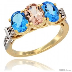 10K Yellow Gold Natural Morganite & Swiss Blue Topaz Sides Ring 3-Stone Oval 7x5 mm Diamond Accent