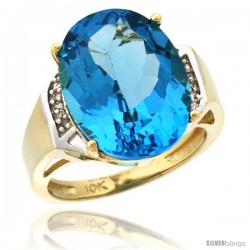 10k Yellow Gold Diamond Swiss Blue Topaz Ring 9.7 ct Large Oval Stone 16x12 mm, 5/8 in wide