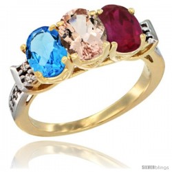 10K Yellow Gold Natural Swiss Blue Topaz, Morganite & Ruby Ring 3-Stone Oval 7x5 mm Diamond Accent