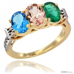 10K Yellow Gold Natural Swiss Blue Topaz, Morganite & Emerald Ring 3-Stone Oval 7x5 mm Diamond Accent