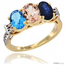 10K Yellow Gold Natural Swiss Blue Topaz, Morganite & Blue Sapphire Ring 3-Stone Oval 7x5 mm Diamond Accent