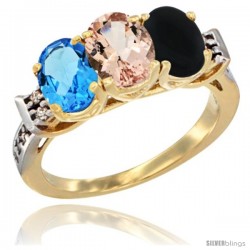 10K Yellow Gold Natural Swiss Blue Topaz, Morganite & Black Onyx Ring 3-Stone Oval 7x5 mm Diamond Accent