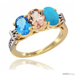 10K Yellow Gold Natural Swiss Blue Topaz, Morganite & Turquoise Ring 3-Stone Oval 7x5 mm Diamond Accent