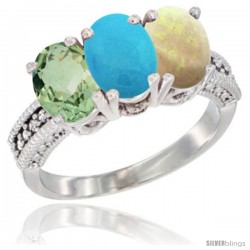 14K White Gold Natural Green Amethyst, Turquoise & Opal Ring 3-Stone 7x5 mm Oval Diamond Accent