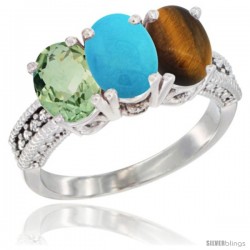 14K White Gold Natural Green Amethyst, Turquoise & Tiger Eye Ring 3-Stone 7x5 mm Oval Diamond Accent