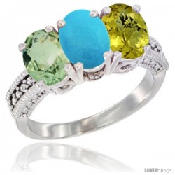 14K White Gold Natural Green Amethyst, Turquoise & Lemon Quartz Ring 3-Stone 7x5 mm Oval Diamond Accent