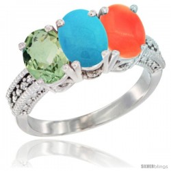 14K White Gold Natural Green Amethyst, Turquoise & Coral Ring 3-Stone 7x5 mm Oval Diamond Accent