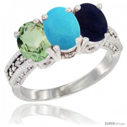 14K White Gold Natural Green Amethyst, Turquoise & Lapis Ring 3-Stone 7x5 mm Oval Diamond Accent