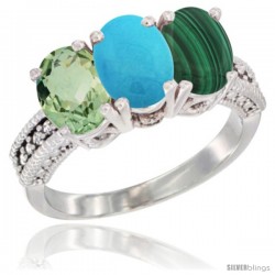 14K White Gold Natural Green Amethyst, Turquoise & Malachite Ring 3-Stone 7x5 mm Oval Diamond Accent