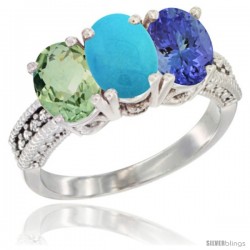 14K White Gold Natural Green Amethyst, Turquoise & Tanzanite Ring 3-Stone 7x5 mm Oval Diamond Accent